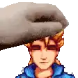 a pixel art of a person 's head being touched by another person 's hand .