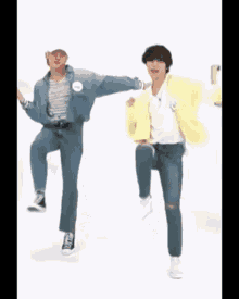 a couple of people are dancing together on a white background .