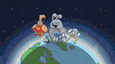 a bunch of cartoon characters standing on top of a globe