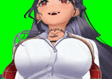 a close up of a anime girl 's breasts against a green background