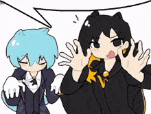 a cartoon of two anime characters standing next to each other with a speech bubble above them .