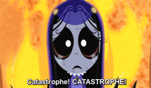 a cartoon character says catastrophe in front of a burning fire