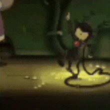 a cartoon character is standing in a dark room with a rope around his neck .