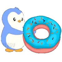 a penguin hugging a blue donut with sprinkles