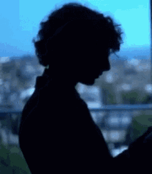 a silhouette of a person with curly hair is looking out a window