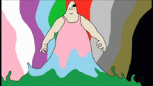 a cartoon drawing of a man in a pink tank top with a rainbow background