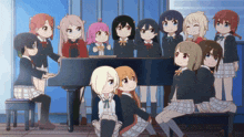 a group of anime girls are posing for a picture in front of a piano