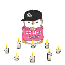 a cartoon penguin wearing a pink hoodie and a black hat surrounded by candles
