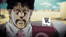 a man with a bandage on his face has a picture of a man with a mustache next to him that says true ..