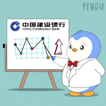 a penguin is standing in front of a white board with a blue circle with a square in the middle