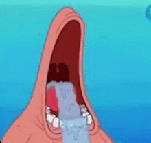 patrick star from spongebob squarepants is crying with his mouth open and water coming out of his mouth .