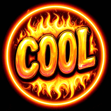 the word cool is surrounded by flames and glowing lights