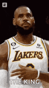lebron james is a basketball player for the lakers and is wearing a white and yellow jersey .