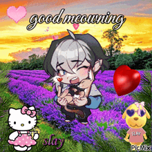 a picture of a girl holding a cat with the words good meowing