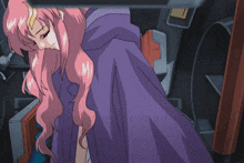 a girl with pink hair and a purple cape looks down