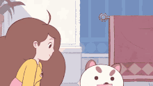 a cartoon drawing of a girl and a cat in a bathroom