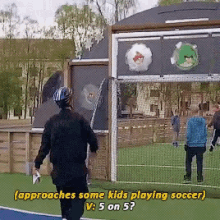 a woman approaches some kids playing soccer and asks if they are 5 on 5