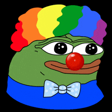 a green frog wearing a clown costume with a red nose