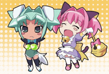 a cartoon drawing of a girl with green hair and a pink haired girl