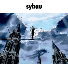 a painting of a man flying through the air with sybau written below him