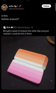 a screenshot of a tweet that says ' is this lesbian erasure ? '