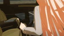 a woman with long red hair is sitting in the back of a car