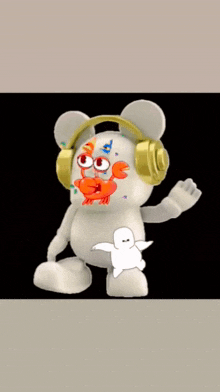a white teddy bear wearing headphones with crabs drawn on it