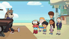 a group of children are standing around a cartoon dog