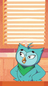 a cartoon owl with a green scarf around its neck stands in front of a window
