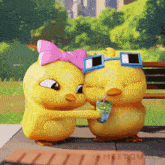 two cartoon ducks wearing sunglasses and a pink bow