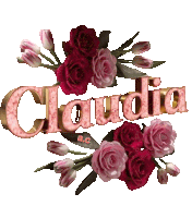 the name claudia is surrounded by pink roses and tulips