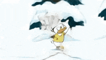 a cartoon character is running through the snow with a newspaper in his hand