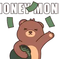 a cartoon bear is holding a bag of money and the words " oney mone " behind him
