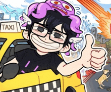 a cartoon character giving a thumbs up while driving a taxi