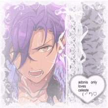 a picture of a boy with purple hair and the words adonis only loves celeste
