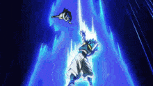 a person is flying through the air with a blue light coming out of their chest .