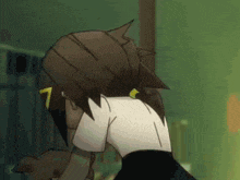 a cartoon character with brown hair and a white shirt is looking down