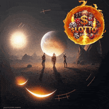 a group of people standing in front of a large sun with the word lotto on it
