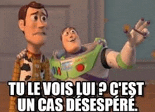 woody and buzz lightyear from toy story are standing next to each other and pointing .