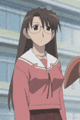 a girl wearing glasses and a pink shirt is standing next to another girl in a school uniform .