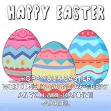 a happy easter card with three colorful eggs