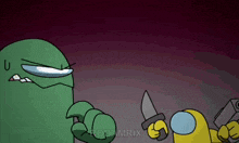 a green among us character is holding a knife next to a yellow among us character holding money .