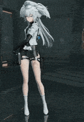 a girl in a white uniform is holding a gun in a dark room with the number 09 on the wall behind her