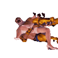 a cartoon character is laying on his back on another character 's shoulders .