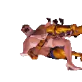 a cartoon character is laying on his back on another character 's shoulders .