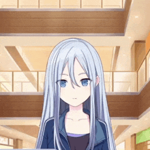 a girl with long white hair and blue eyes is wearing a blue jacket .