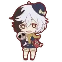 a chibi drawing of a girl holding a stuffed animal with a skull on it