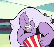 a cartoon character with purple hair is eating popcorn