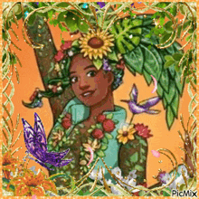 a painting of a woman with flowers on her head and butterflies