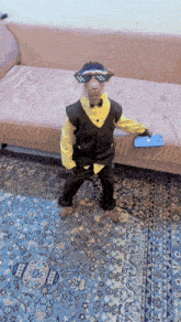 a monkey wearing a suit and sunglasses is standing on a rug